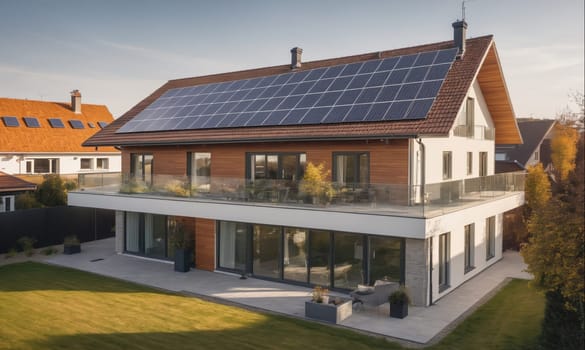 A two-story modern home with a large, flat roof covered in solar panels. The house has a balcony on the second story and large windows on the ground floor