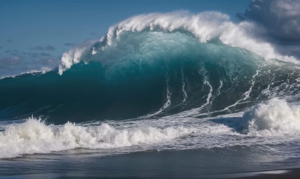 A large wave breaks and crashes in the ocean. The water is a deep blue color and there are white caps on the surface of the water. The sky is blue and there are some clouds in the distance.
