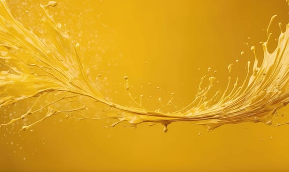 A splash of liquid, likely paint, is frozen in motion. The liquid is yellow and creates a wave-like pattern with droplets extending from the main body of liquid. The background is also yellow.