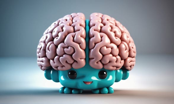 A cartoon rendition of a brain, depicted in pink and blue hues, is positioned in front of a plain gray backdrop