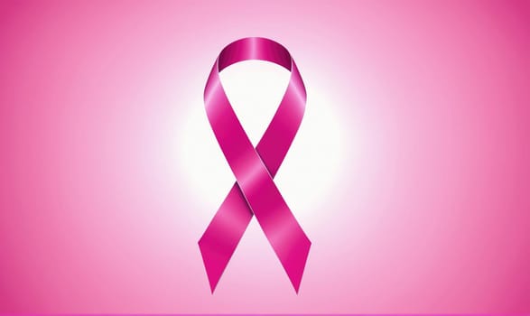 A pink ribbon is centered against a pink background. The ribbon is shiny and has a three-dimensional appearance.