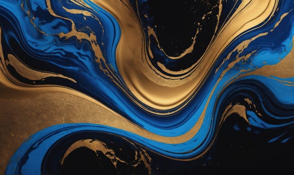 A close-up image of swirling patterns in blue, gold, and black paint. The colors blend together creating a mesmerizing effect.