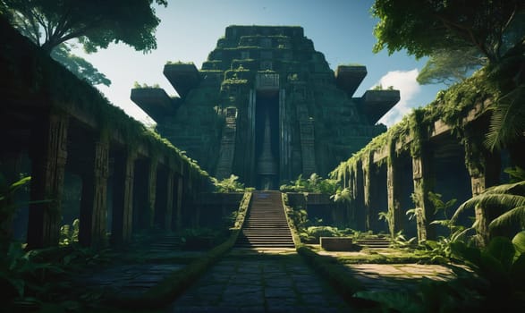 A large, ancient stone temple stands in the middle of a lush jungle. The temple is covered in vines and moss, and its entrance is guarded by a set of stairs