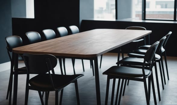 A long, rectangular wooden table with black metal legs sits in an office space with black chairs around it. There are windows behind the table with an overcast sky visible.