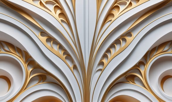 A close-up shot of a white and gold wall with a symmetrical pattern of curved lines and ornate details. The gold accents are raised and create a contrast to the smooth white surface.