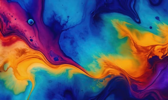 An abstract painting featuring swirling patterns of blue, yellow, purple, and red paint. The colors blend and mix creating a dynamic and visually appealing artwork.