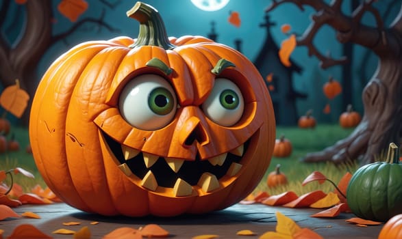 A large, orange pumpkin with a carved, grinning face and big, white eyes sits in the middle of the image. It is surrounded by fallen leaves and several smaller, green pumpkins