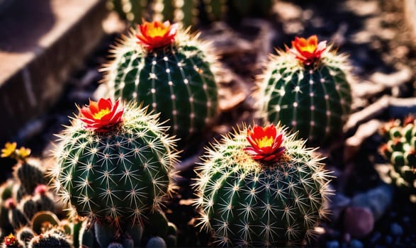Four cacti with red flowers bloom in a desert environment. The cacti are green and have white spines. The flowers are red with yellow centers. The cacti are surrounded by brown dirt.