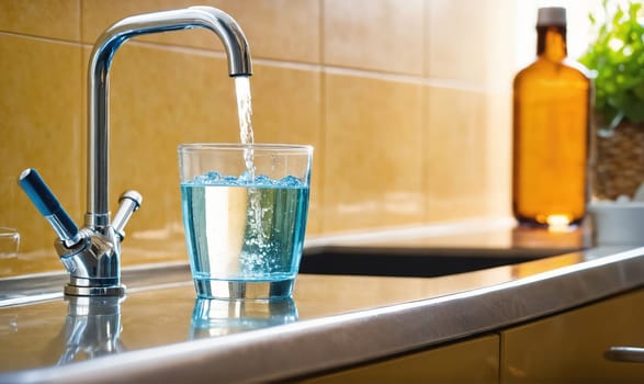 A kitchen faucet pours water into a glass. The faucet is chrome and has two levers. The sink is made of stainless steel. There is a bottle of liquid and a potted plant in the background.
