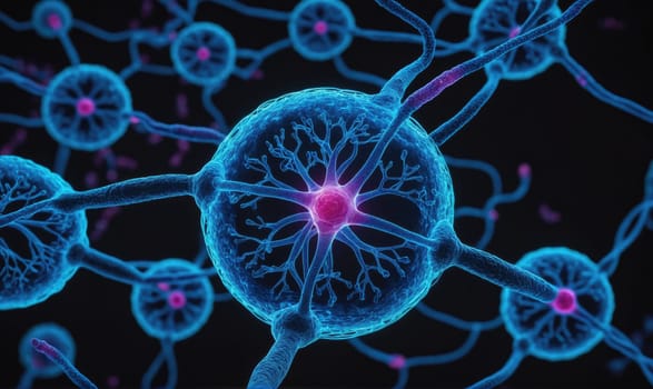 The image shows a digital rendering of a neuron, a nerve cell, with its nucleus and surrounding dendrites and axons