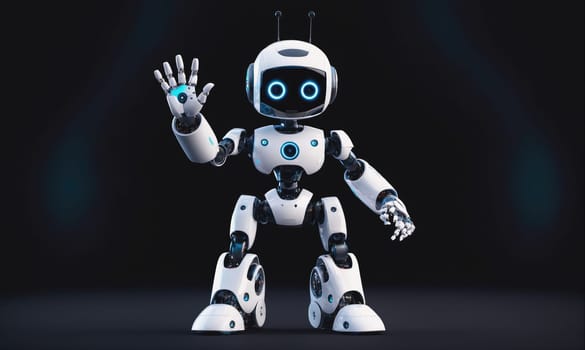 A white humanoid robot with blue lights is standing on a black surface, waving with its right hand. It has antennas on its head and round blue eyes with white rims.