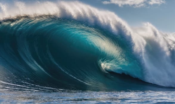 A large wave, with a deep blue color, is breaking in the ocean, showing a white foamy crest. The sun is shining on the water, creating a bright reflection.
