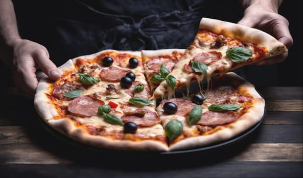 A hand lifts a slice of pizza, revealing the cheese that stretches as it is pulled away from the rest of the pizza. The pizza has a thin crust, pepperoni, cheese, olives, and basil