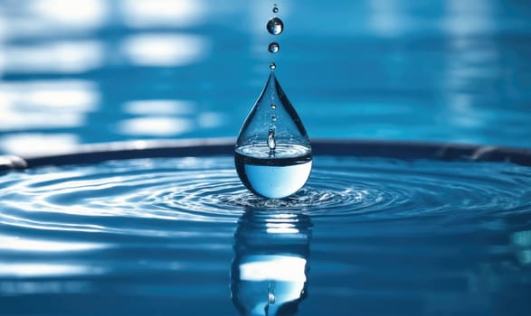 A water drop falls from above and creates concentric ripples on a still body of water. The drop is perfectly round and reflects light, highlighting the movement of the water.