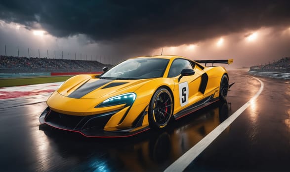 A yellow race car with a black stripe down the hood and the number five on the side is driving on a race track. The track is wet from rain and there are lights in the background