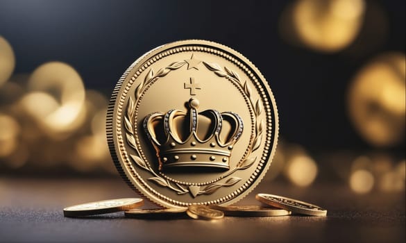 A gold coin with an ornate design featuring a crown and a cross is lying on a dark surface. The coin is surrounded by other coins, which are blurred in the background.