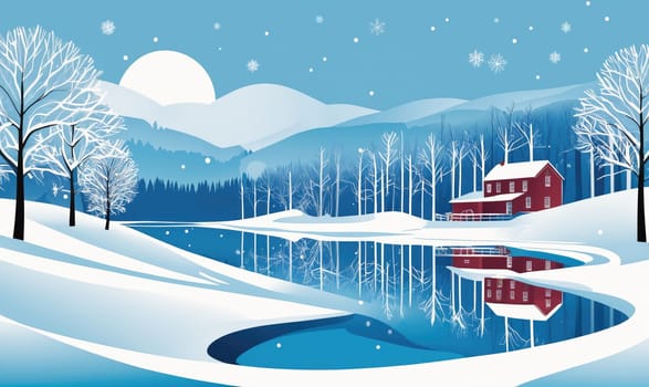 A red house, nestled on a snowy hillside, overlooks a frozen lake. Trees line the far shore, their branches bare and stark against the blue sky. The moon, full and bright, hangs in the sky above