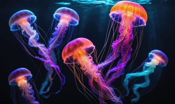 red, pink, purple, and blue. Their tentacles are long and flowing, and they are all illuminated by a bright light source.