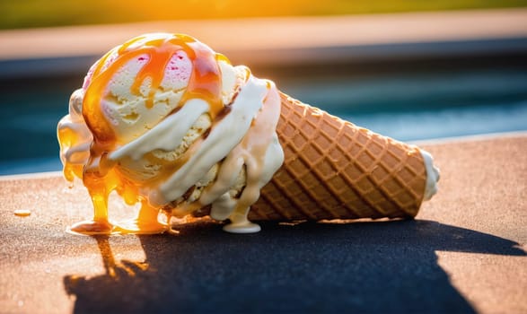 A waffle cone filled with ice cream and topped with caramel sauce lays on a gray surface, the caramel dripping and melting on the surface. The cone is in focus, with a blurred pool behind it