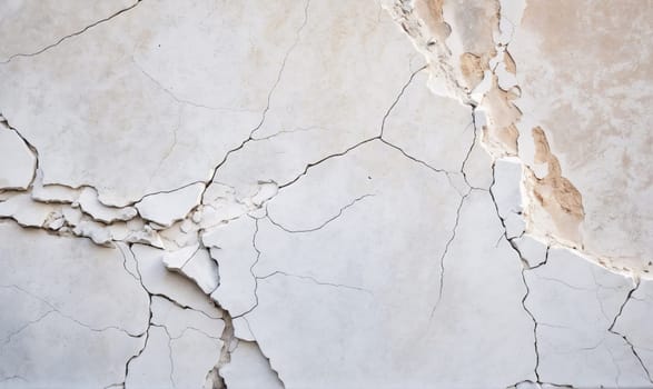 A close-up of a wall with cracks and peeling paint. The wall is white and gray, with some areas showing the underlying brown plaster. The cracks are thin and spiderweb-like, running in all directions.
