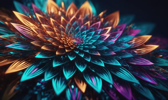 A close-up image of a digitally created flower with a center spiral of blue and orange petals that transition outwards to teal, purple, and gold. The background is a dark, blurred expanse.