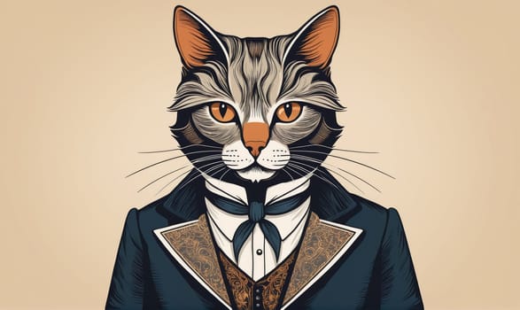A cat with a gray and white coat is dressed in a dark suit with a white shirt and a blue bow tie. The cat has a serious expression and is looking directly at the viewer.