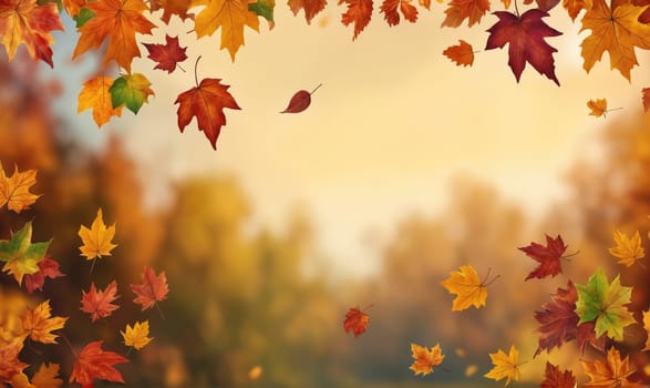 A soft, blurred background of trees in autumn colors is framed by falling leaves of orange, yellow, and red. The leaves are falling from the top of the frame, with some landing on the bottom