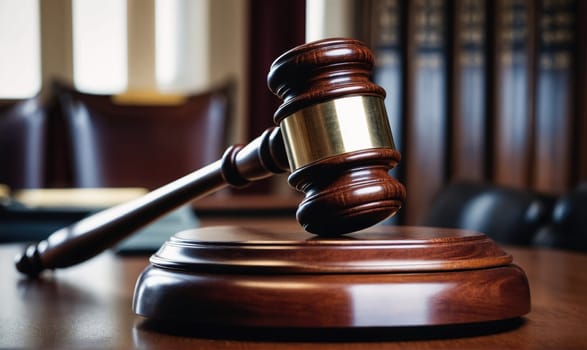 A wooden gavel rests on a wooden block on a table in a courtroom.