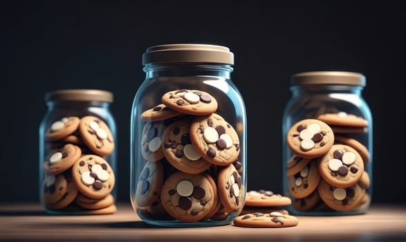 A close-up shot of three glass jars filled with chocolate chip cookies, sitting on a wooden table. The jars are full of cookies, and a few cookies are scattered on the table in front of the jars.