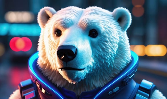 The image is a close-up portrait of a polar bear with white fur and a blue and purple suit. It is standing in a city setting with glowing lights out of focus behind it