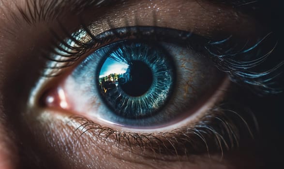 A close-up photo of a blue eye, capturing the intricate details of the iris, pupil, and eyelashes. A reflection of the sky can be seen in the pupil.