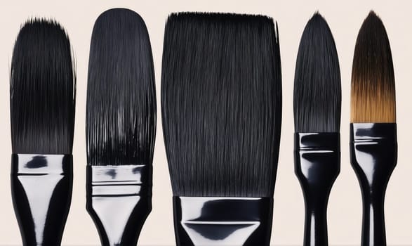 Five paint brushes are arranged in a row. All of the brushes are black and have a silver ferrule. The brushes are different sizes.