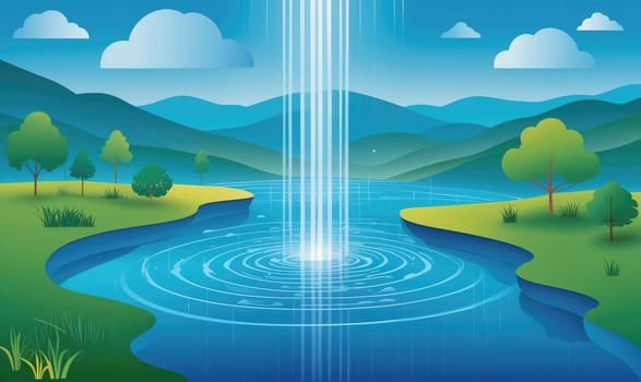 A large waterfall falls into a blue lake. The water ripples outward in circles. The lake is surrounded by grassy hills with trees. The sky is a clear blue with white clouds.