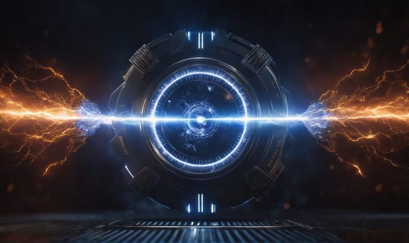 A large, metallic, circular device with a glowing blue ring is in the center of the image. The device is emitting two bright beams of energy, one blue and one orange