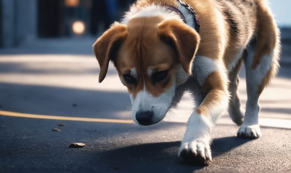 A brown and white dog with a black collar is sniffing the ground. The dog's head is down, and its front paw is raised. There is a yellow line on the pavement.