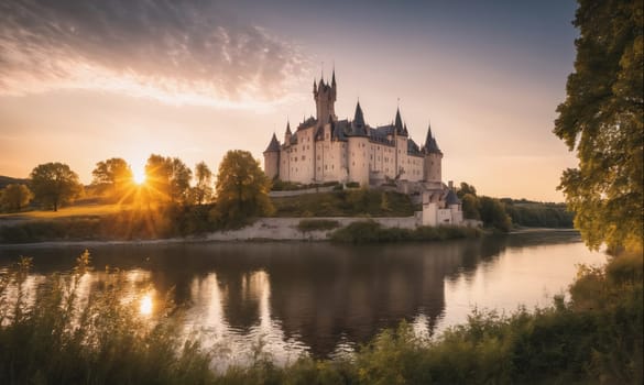 A large, white castle with a tall tower sits on a hill overlooking a calm river. The sun is setting behind the castle, casting a warm glow on the scene