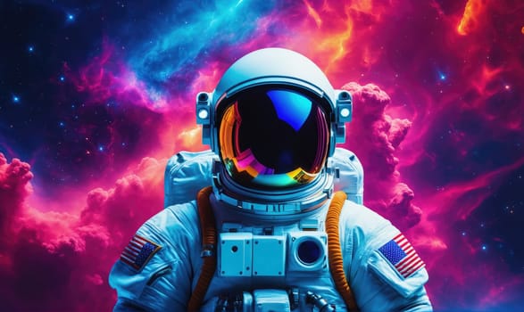 An astronaut wearing a white spacesuit with an American flag patch stands in front of a colorful nebula
