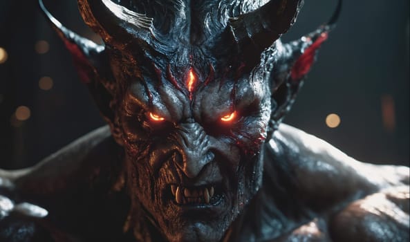 The image shows a close-up of a demonic creature with glowing red eyes and sharp teeth. The creature's face is contorted in a menacing expression, with its horns and fangs prominently displayed
