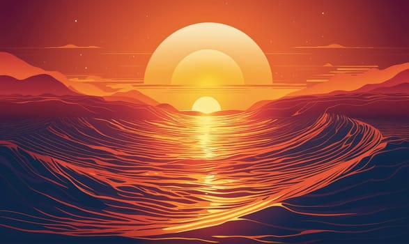 A digital illustration of a sunset over a calm sea. The sun is setting in the distance, casting a warm orange glow across the water and sky. The horizon is lined with low hills