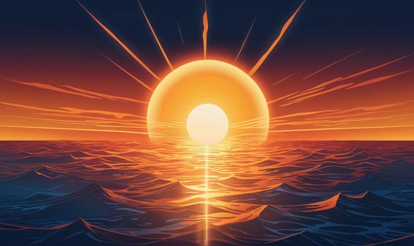 A depiction of a sunset over a large body of water. The sun is setting behind the horizon and the sky is filled with orange, yellow, and red hues
