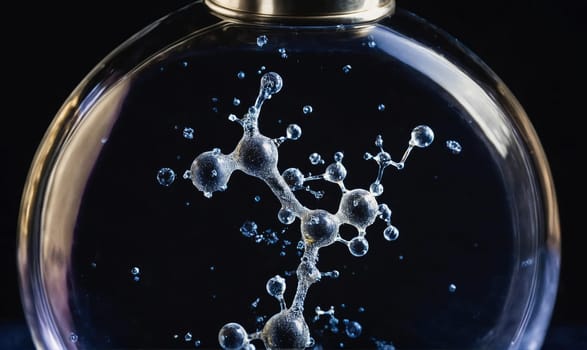 Water droplets in a glass container have formed a complex, molecule-like structure. The droplets are suspended in mid-air, creating an abstract and mesmerizing image