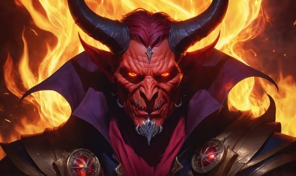 A close-up portrait of a demon with horns and red skin. The demon has a menacing expression and is surrounded by fiery flames.