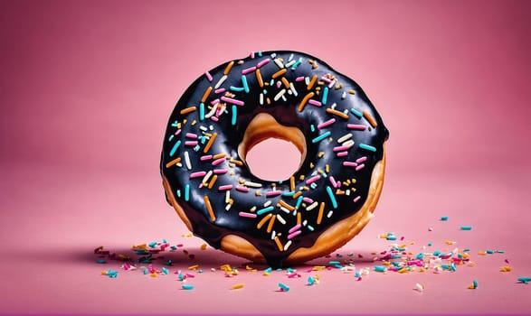 A single chocolate frosted donut is shown on a pink background. It has a ring shape with a hole in the center and is covered in chocolate frosting and colorful sprinkles
