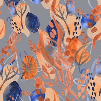 Seamless botanical pattern with gouache painted flowers and leaves flowers for textile design and autumn prints