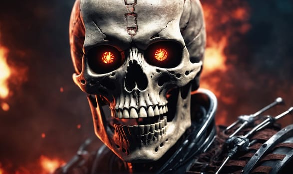 A skull with burning eyes and a menacing grin stares directly at the viewer. A fiery backdrop of flames and smoke is visible behind the skull.