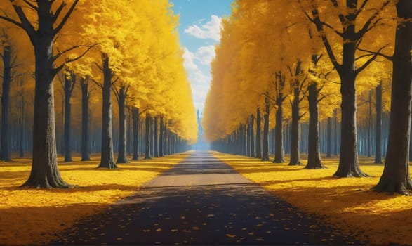 A paved road runs through a forest of tall trees with bright yellow leaves. The path is lined with trees on both sides, creating a tunnel of autumn colors