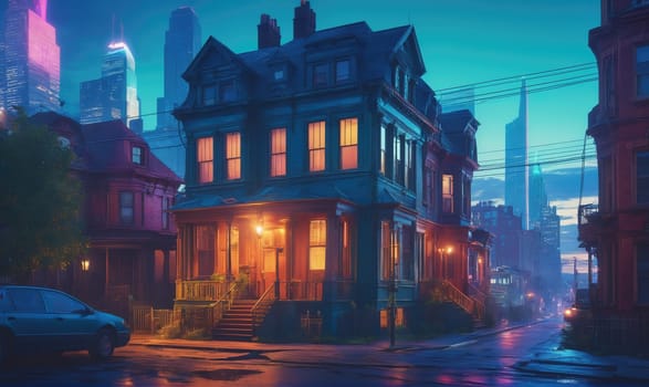 A street scene at twilight with a row of houses on either side. The street is wet from rain and the buildings are lit by streetlamps. There are tall buildings in the distance.