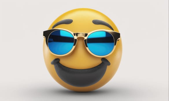 A yellow smiley face with a black outline is wearing round blue sunglasses with gold frames. The smiley face is smiling with its eyes closed. The background is white.