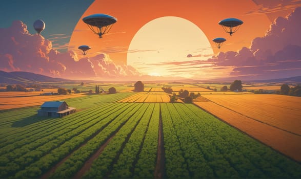 A farm sits in the middle of a vast, green field. In the background, a large, orange sun sets behind the horizon. The sky is filled with wispy clouds