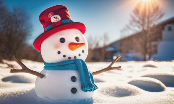 A snowman with a red hat and blue scarf stands in the snow. The snowman has two black eyes, an orange carrot nose, and two black buttons. The snowman's arms are made of twigs